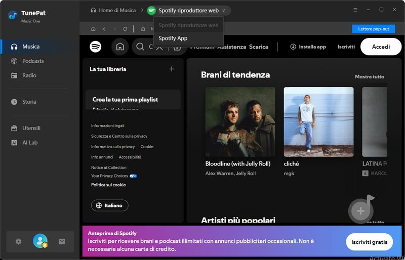 interfaccia di music one con spotify