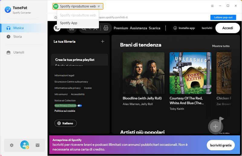 interfaccia principale del convertitore spotify