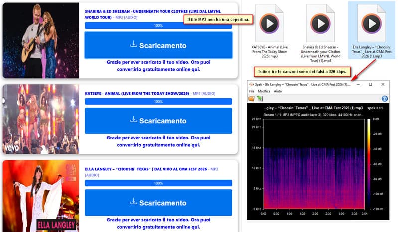 risultati del test audio di Loader.to sui file YouTube Music convertiti