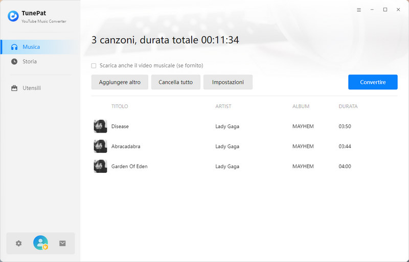 processo di conversione di brani da YouTube
