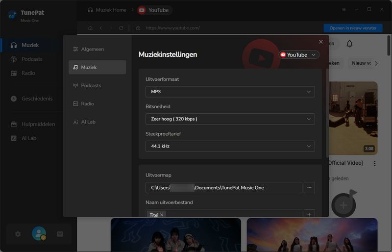 afmaken tunepat muziek één instellingen