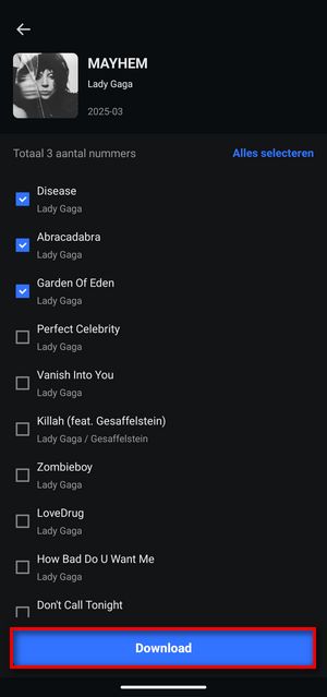 Spotify nummers selecteren