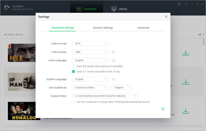 choose the output settings 